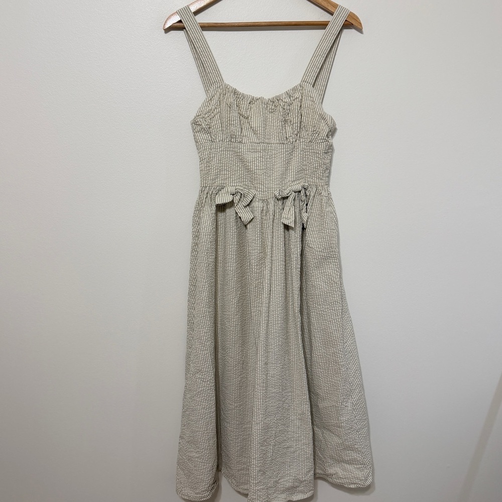 NORALEE BETSY DRESS SIZE SMALL STRIPED SAGE GREEN COTTON COTTAGE CORE MIDI - Picture 2 of 8
